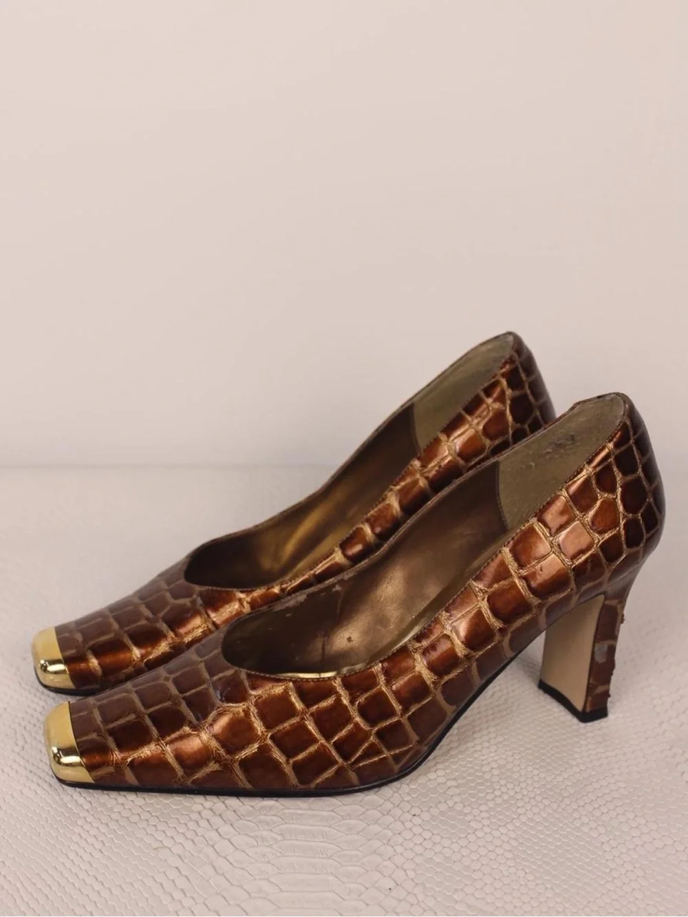 J.Renee Brown Croc-Embossed Pumps with Gold Toe Cap